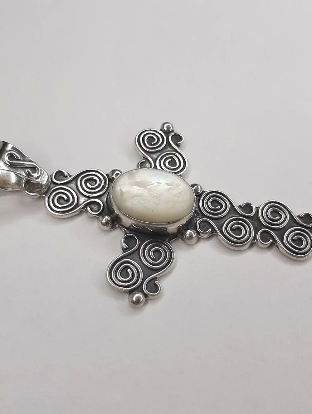 Vintage MSW 925 Sterling Silver Cross Pendant Mexico Stamped Mother Of Pearl